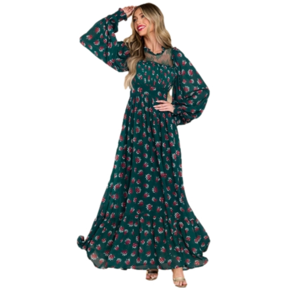 AURA X Red Door All You‎ Need Is Love Dark Emerald Floral Print Maxi Dress sz sm